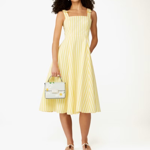 Kate Spade Yellow White Striped A Line Sleeveless Dress Womens 8 Linen Bows - Picture 1 of 9